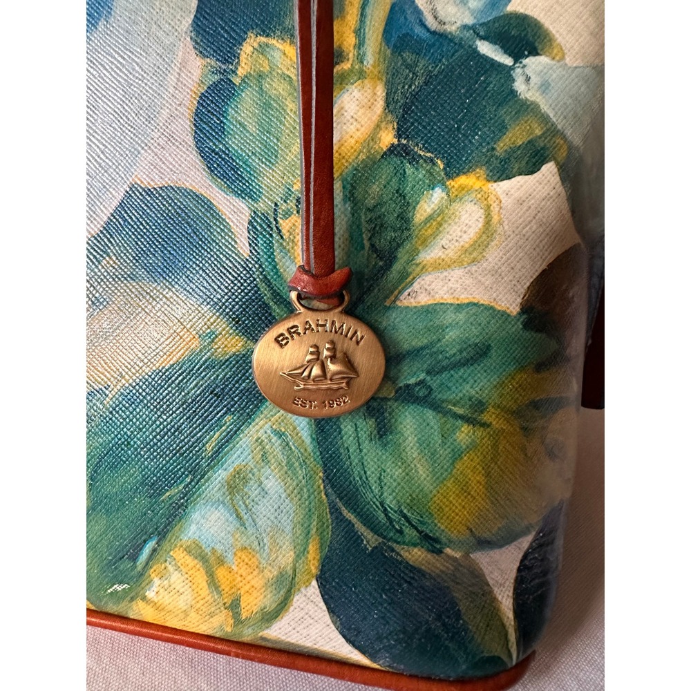 HOLDING DO NOT BUY Brahmin Duxbury Satchel Floral Blue Yellow Leather Dome Bag - Picture 2 of 11